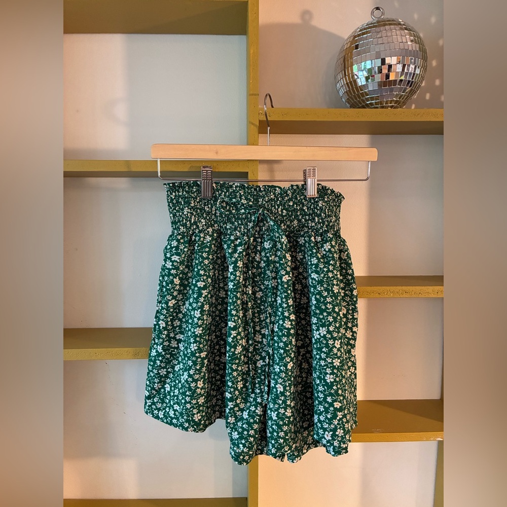 High-Waist Green Floral Smocked Shorts